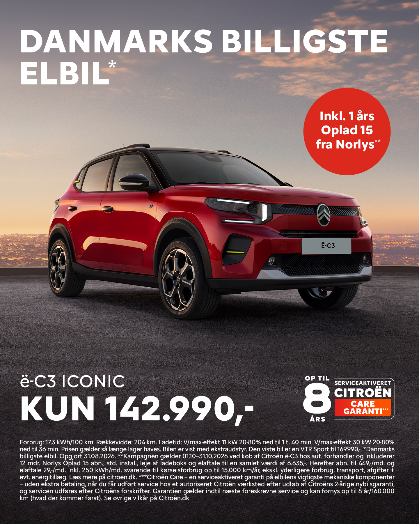 U40 - FB annonce, Citroën ë-C3, kontant inkl. Norlys (still) 01.10.2026